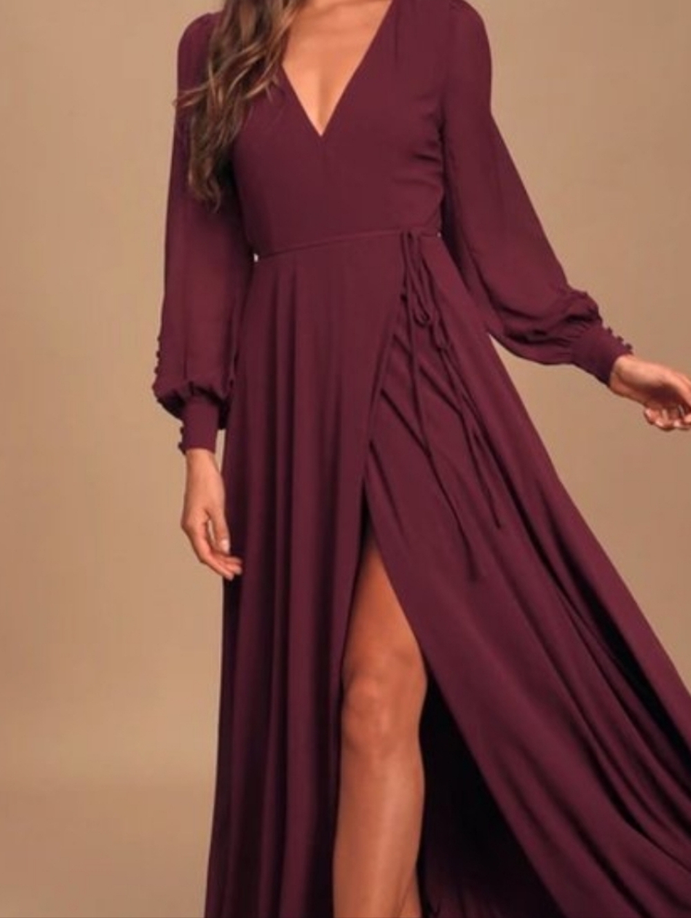 Lulus Wrap Long Sleeve Maxi Dress in Deep Plum